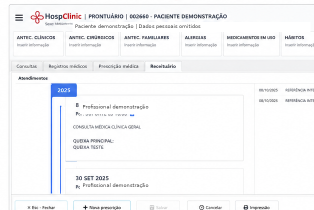 Prontuário eletrônico do HospClinic com histórico clínico em linha do tempo